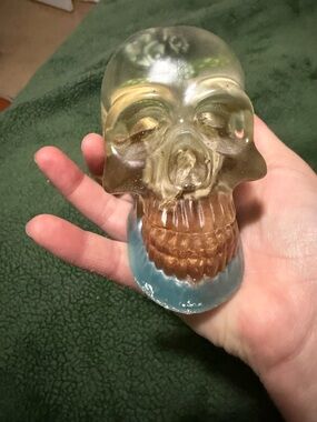 Resin Skull Sculpture in Clear, Brown and Blue